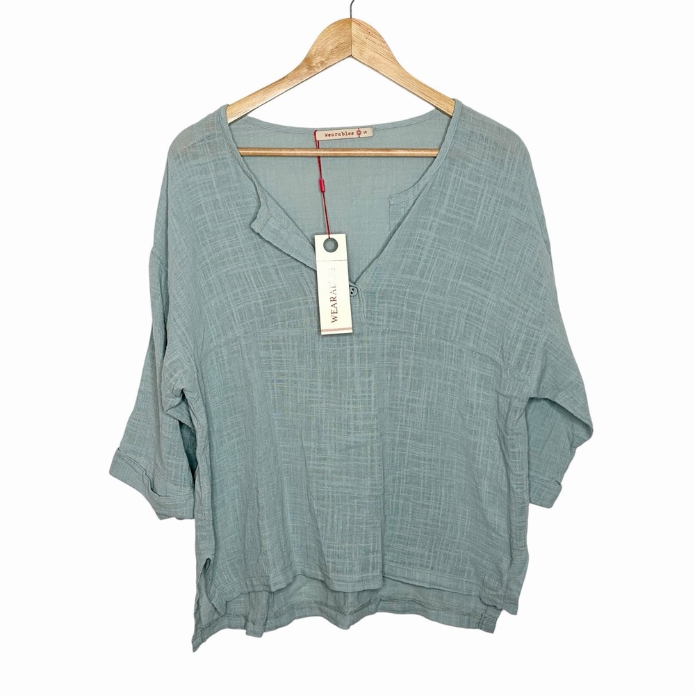 XCVI Wearables Cotton Top Green Womens Small Lagenlook Coastal Beachy Woven